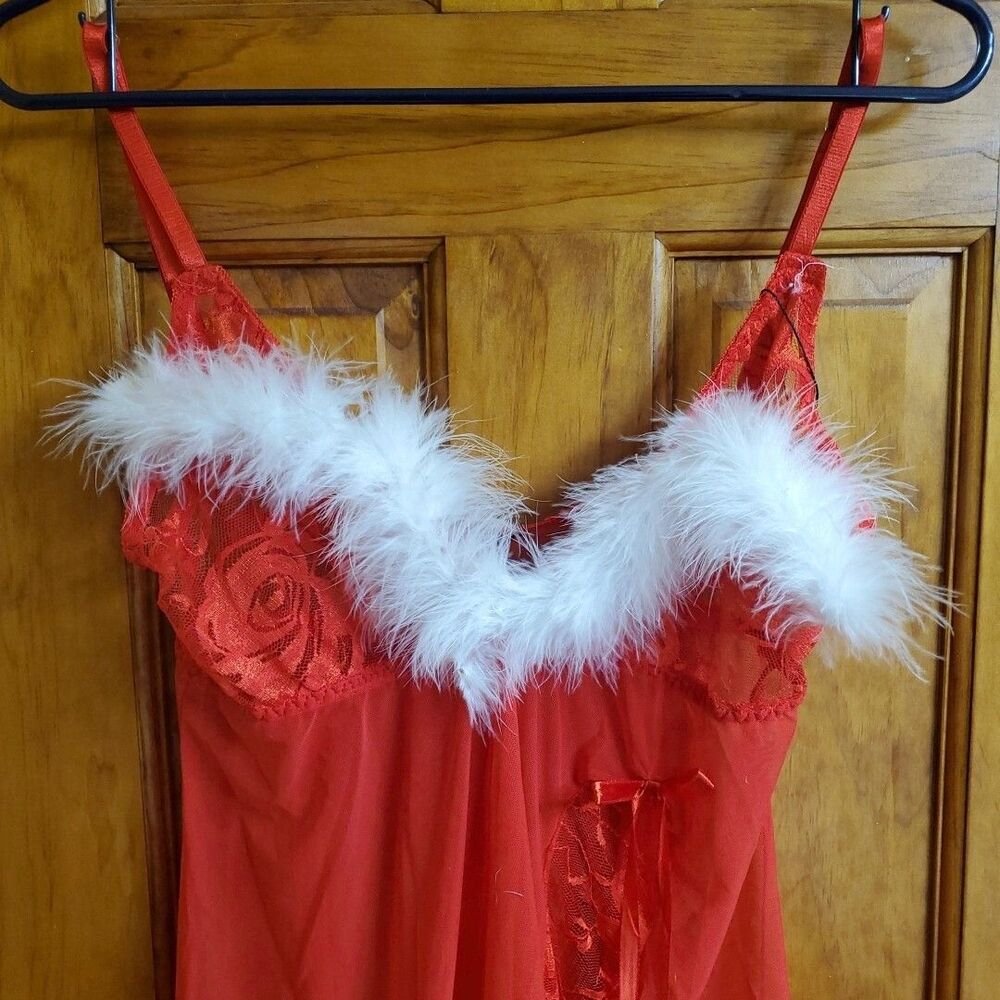 Avidlove Red Feather Lace Babydoll Lingerie Sleepwear Women’s Medium NWT‎